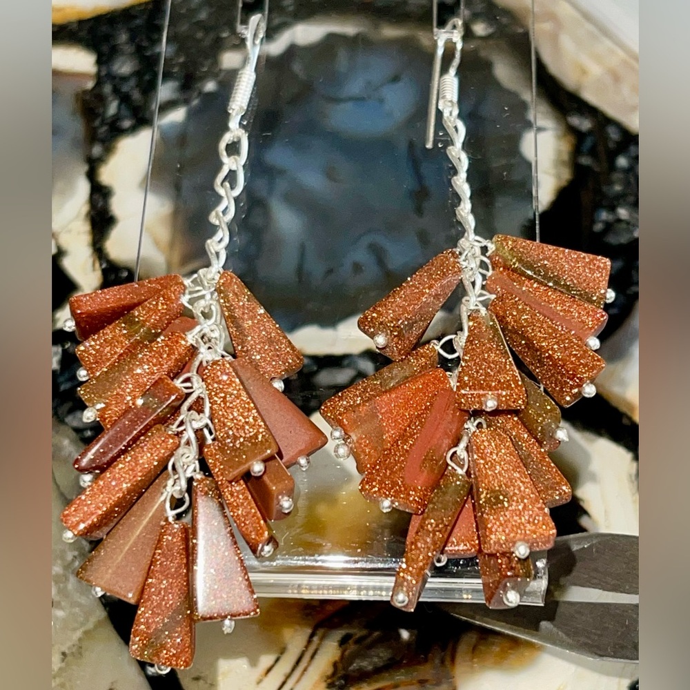 Golden- Brown Goldstone Earrings 2 7/8”